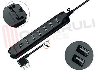 Immagine di PRESA MULTIPLA 6PR. BIVALENTE C/CAVO+2USB 2P+T 16A NERA