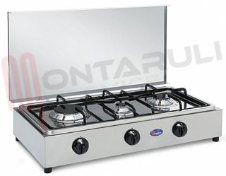 Immagine di FORNELLO 3 FUOCHI INOX PIATTINA E PIANO ESTRAIB.VALV. METANO