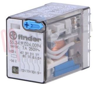 Immagine di MINIRELE' 4 SCAMBI 7A 24VDC C/TASTO PROVA+LED+IND.