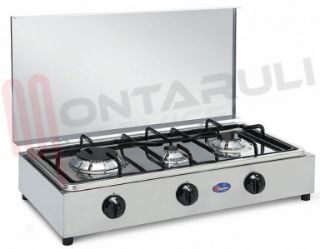 Immagine di FORNELLO 3 FUOCHI INOX PIATTINA E PIANO ESTRAIB.VALV. METANO